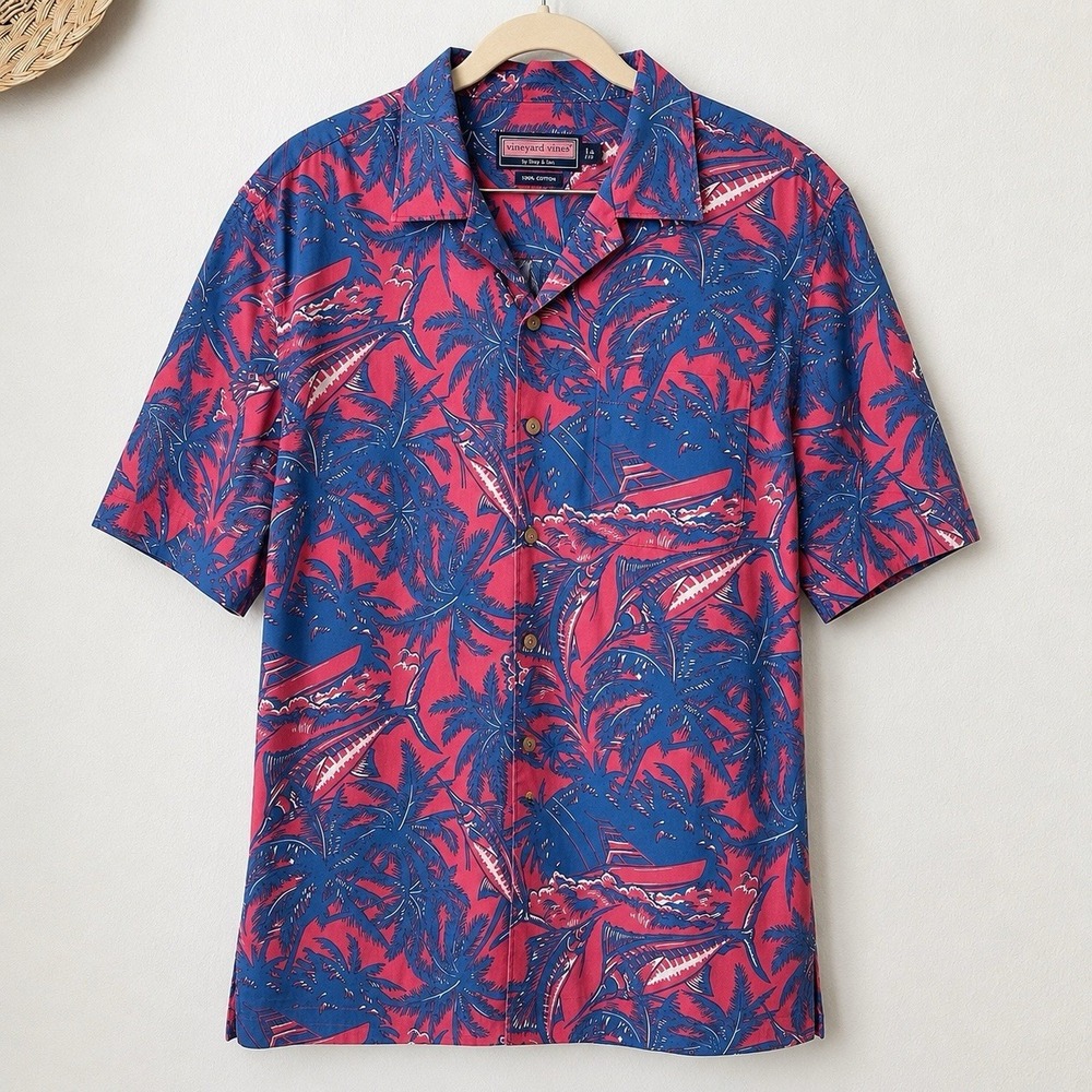 Vineyard Vines blue red palm tree boat sailfish camp hawaiian shirt XL cotton